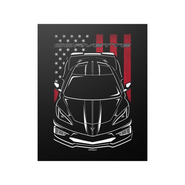Chevrolet Corvette C8 Black Stripes Poster - US Flag Print 16 x 20 inch by Auto Art Apparel