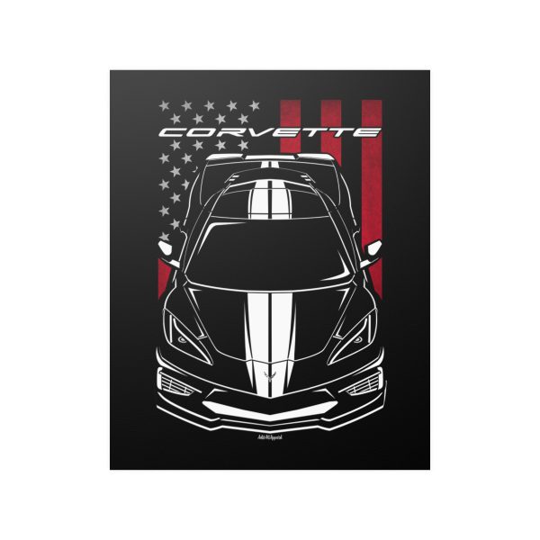 Chevrolet Corvette C8 White Stripes Poster - US Flag Print 16 x 20 inch by Auto Art Apparel