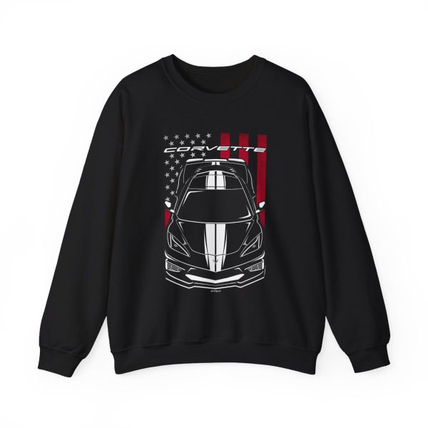 Chevrolet Corvette C8 White Stripes Sweatshirt - US Flag Crewneck Black by Auto Art Apparel