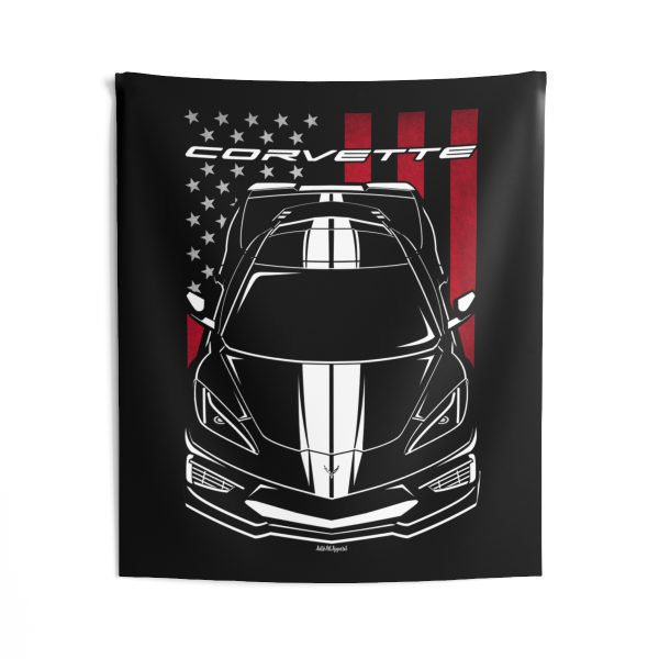 Chevrolet Corvette C8 White Stripes Tapestry - US Flag Wall Art 50 x 60 inch by Auto Art Apparel