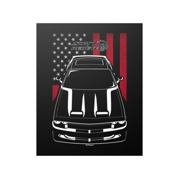 Dodge Challenger SRT Hellcat Redeye Black Stripes Poster - US Flag Print 16 x 20 inch by Auto Art Apparel
