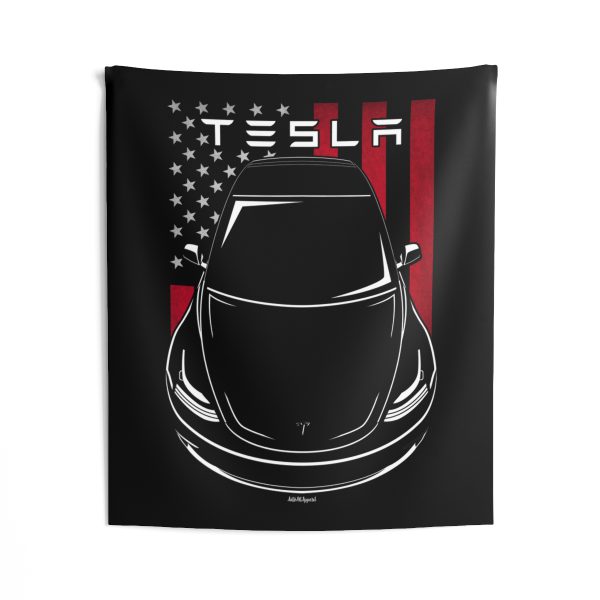 Tesla Model 3 Tapestry - US Flag Wall Art 50 x 60 inch by Auto Art Apparel