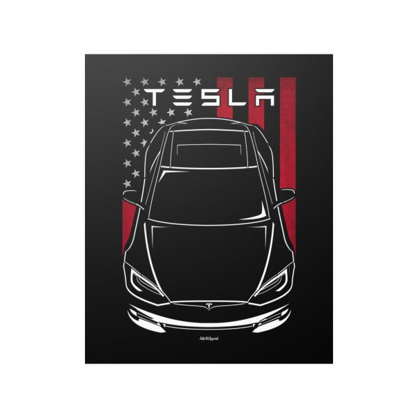 Tesla Model S P100D Poster - US Flag Print 16 x 20 inch by Auto Art Apparel