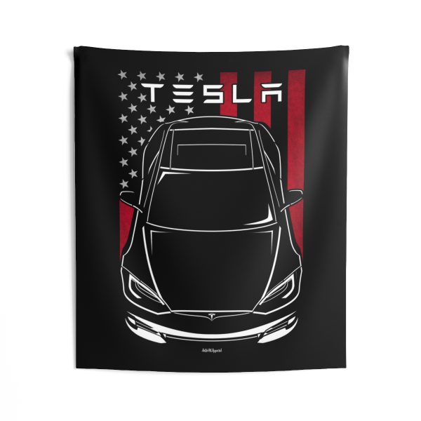 Tesla Model S P100D Tapestry - US Flag Wall Art 50 x 60 inch by Auto Art Apparel