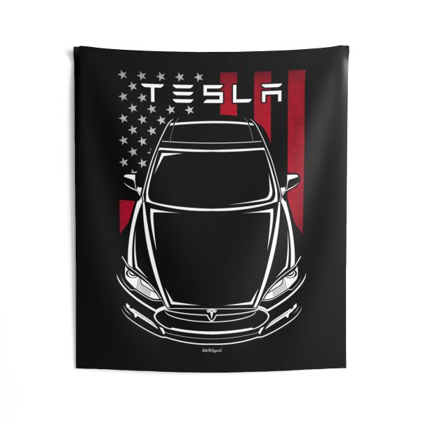Tesla Model S P90D Tapestry - US Flag Wall Art 50 x 60 inch by Auto Art Apparel