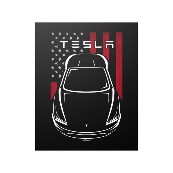 Tesla Roadster 2nd gen Poster - US Flag Print 16 x 20 inch by Auto Art Apparel